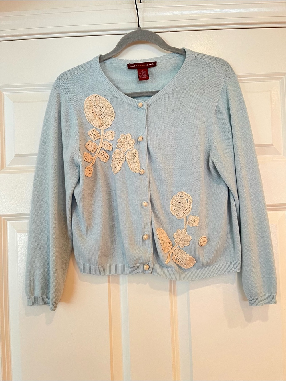 Vintage Jones Wear Cardigan Sweater Large Crochet Floral Appliqué Blue 3/4 Sleev